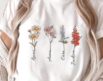 Camiseta personalizada com a flor de nascimento da vovó, presente para a família ou para o jardim.