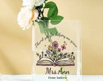 Jarrón de acrílico personalizado con forma de libro, regalo para profesores, decoración floral