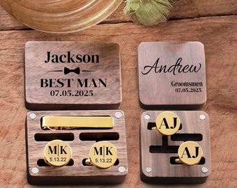 Personalized Groomsmen Cufflinks and Tie Clip Set, Custom Wooden Box