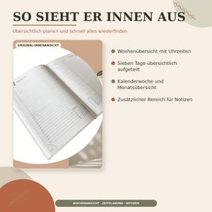May include: An open planner showing a weekly layout with hourly slots, seven-day division, calendar week and month views, and a notes section. Text includes: SO SIEHT ER INNEN AUS, ORIGINAL-INNENANSICHT, Wochen&uuml;bersicht mit Uhrzeiten, Sieben Tage &uuml;bersichtlich aufgeteilt, Kalenderwoche und Monats&uuml;bersicht, Zus&auml;tzlicher Bereich f&uuml;r Notizen, WOCHENANSICHT ZEITPLANUNG NOTIZEN.