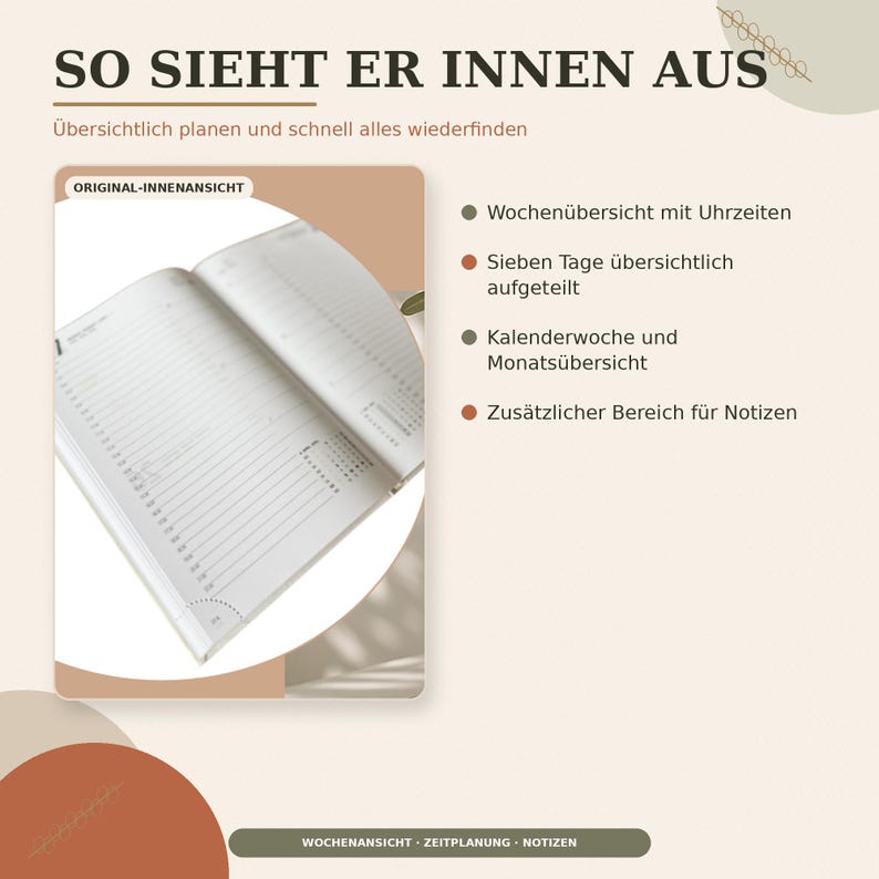 May include: An open planner showing a weekly layout with hourly slots, seven-day division, calendar week and month views, and a notes section. Text includes: SO SIEHT ER INNEN AUS, ORIGINAL-INNENANSICHT, Wochen&uuml;bersicht mit Uhrzeiten, Sieben Tage &uuml;bersichtlich aufgeteilt, Kalenderwoche und Monats&uuml;bersicht, Zus&auml;tzlicher Bereich f&uuml;r Notizen, WOCHENANSICHT ZEITPLANUNG NOTIZEN.