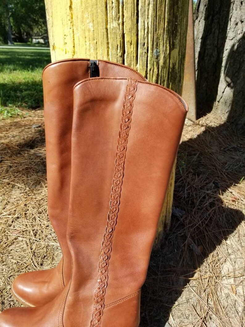 tan leather knee high heeled boots