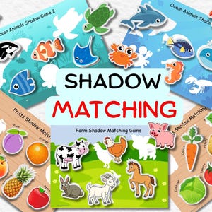 Può includere: Gioco educativo di abbinamento di ombre con animali marini, frutta e animali da fattoria. Il gioco include ritagli colorati di una balena, un pesce e un granchio, insieme a frutta come un limone e un'arancia. Il testo "SHADOW MATCHING".