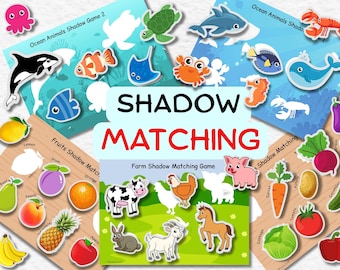 Könnte beinhalten: Lehrreiches Schattenspiel mit Meerestieren, Früchten und Bauernhoftieren. Das Spiel enthält farbenfrohe Ausschnitte von Walen, Fischen und Krebsen sowie Früchte wie Zitrone und Orange. Der Text "SHADOW MATCHING" ist zu sehen.