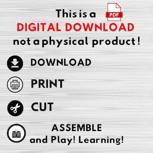 以下が含まれることがあります： 「This is a DIGITAL DOWNLOAD not a physical product!」というテキストが入ったデジタルダウンロードグラフィック。ダウンロード、印刷、カット、組み立ての指示があります。グラフィックは明るい木目調の背景にあります。