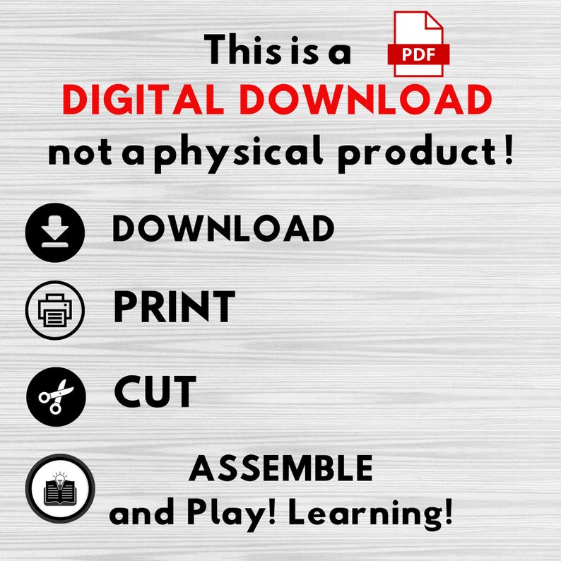 以下が含まれることがあります： 「This is a DIGITAL DOWNLOAD not a physical product!」というテキストが入ったデジタルダウンロードグラフィック。ダウンロード、印刷、カット、組み立ての指示があります。グラフィックは明るい木目調の背景にあります。