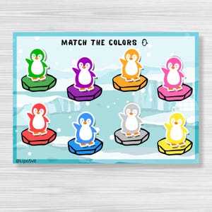 以下が含まれることがあります： 氷山にいる漫画のペンギンをフィーチャーした、カラフルな教育ゲーム。ゲームのタイトルは「Match the Colors」で、緑、紫、オレンジ、ピンク、赤、青、グレー、黄色のペンギンが含まれています。背景は北極のシーンを描いています。