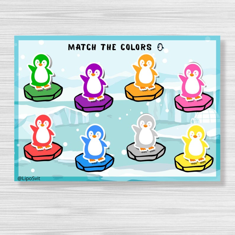以下が含まれることがあります： 氷山にいる漫画のペンギンをフィーチャーした、カラフルな教育ゲーム。ゲームのタイトルは「Match the Colors」で、緑、紫、オレンジ、ピンク、赤、青、グレー、黄色のペンギンが含まれています。背景は北極のシーンを描いています。