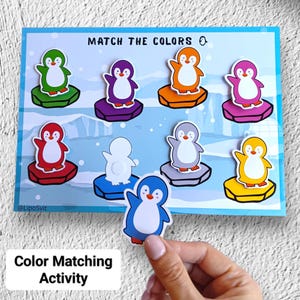 Color Matching Activity with Penguins – Printable Preschool Game, Educational Velcro Activity for Toddlers – Learn Colors Busy Book Page PDF