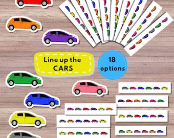 以下が含まれることがあります： カラフルな車のステッカーとマッチングカードのコレクション。ステッカーには、赤、オレンジ、紫、緑、青、ピンク、黄色、グレーの車が含まれています。「Line up the CARS」と「18 options」の文字も表示されています。