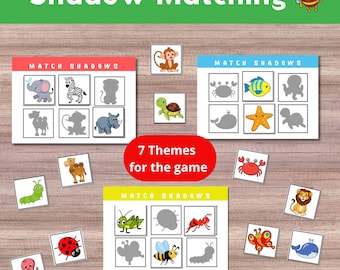 Könnte beinhalten: Ein Schattenspiel mit drei Spielbrettern und einzelnen Tierkarten. Die Spielbretter sind mit "Match Shadows" beschriftet und zeigen Tiersilhouetten. Das Spiel umfasst 7 Themen, mit einer Biene-Grafik oben rechts.