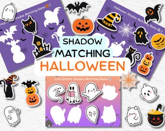 May include: Halloween-themed shadow matching game with various spooky illustrations, including ghosts, bats, pumpkins, and a witch's hat. The game features cards with shadows and matching images, promoting fun learning. The text "SHADOW MATCHING HALLOWEEN" is displayed.