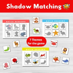 Jogo de combinação de sombras para imprimir – Atividade de encontrar a sombra para crianças – Folha de exercícios de combinação para pré-escola – Livro de atividades para crianças pequenas – Jogo Montessori em PDF