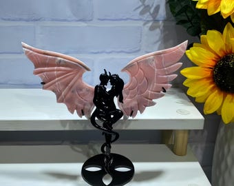 6" Pink Opal Demon Wings ，Crystal Wings Carving ，Crystal Healing Decor ，Butterfly Statue ，Home & Spiritual , Gift + Free Stand