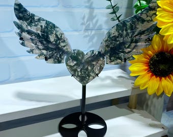 9.6" Moss Agate Crystal Wing, Crystal Wings Carving, Crystal Healing, Crystal Heart，Home Decor, Crystal Gifts+free Stand