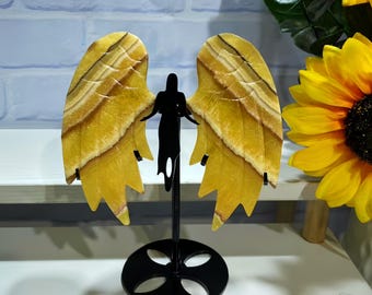 6,5" gele calciet engelenvleugels, kristallen vleugels snijwerk ， Crystal Healing Decor ， Engelenstandbeeld ， Huis- en spiritueel cadeau + gratis standaard