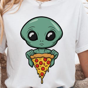 Cute Alien Pizza T-Shirt – Funny Cartoon UFO Graphic Tee for Pizza Fans & Sci-Fi Lovers | Adorable Space Design Gift for Foodies and Nerds