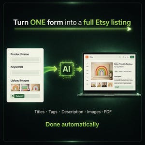 Etsy automation system turning one form into full listing using AI including images tags description and PDF