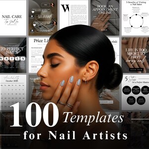 Pode incluir: Uma mulher com verniz de unhas azul claro e anéis de prata é apresentada numa imagem promocional. A imagem inclui vários modelos para artistas de unhas, com texto como "Nail Care", "Price List" e "100 Templates for Nail Artists."