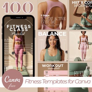 May include: A set of fitness templates for Canva, in pink and beige. The templates include workout schedules, pricing, and motivational content. The text includes "Fitness Class Pricelist" and "Join Now". Measurements are in cm.