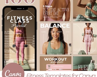 May include: A collection of fitness templates for Canva, featuring a pink and beige color scheme. The templates include workout schedules, pricing, and motivational content. The text includes "Fitness Class Pricelist" and "Join Now".