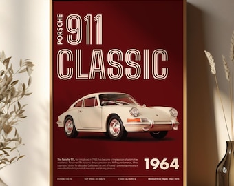 Porsche Wall Art, Classic 911 Print, Retro Car Poster, Vintage Sports Car Artwork, Minimal Red Automotive Decor, Digital Download