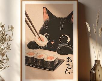 Japanese Wall Art Black Cat Wall Art Print, Cute Sushi Cat Poster, Modern Wall Decor for Kitchen Living Room, Instant Digital Download