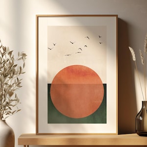 Väggkonst i modern stil, minimalistisk solnedgångstryck, geometrisk abstrakt affisch, vintageinspirerad retrodekor, digital nedladdning