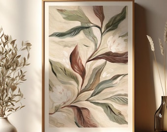 Botanical Wall Art, Rustic Green Leaf Print, Minimal Floral Poster, Nature Inspired Wall Decor, Neutral Botanical Digital Download