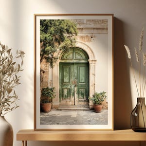 Arte de pared bohemio imprimible, póster de puerta verde en Mallorca, decoración bohemia abstracta para el hogar, descarga digital, arte de pared para sala de estar, arte de pared verde