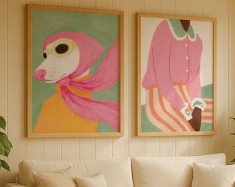 May include: A living room scene featuring a cream-colored sofa, a round wooden coffee table, and two framed art prints. The art prints depict whimsical illustrations of a dog and a person. Plants and a rug complete the cozy interior.