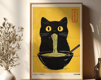 Arte murale giapponese, poster del gatto Kuro Neko, stampa del gatto Japandi Ramen, opera d'arte digitale minimalista del gatto nero, arredamento moderno per la casa stampabile