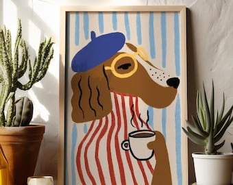 Funny Dog Wall Art Print, Coffee Lover Dog Illustration, Cute Dog Poster, Modern Animal Art, Playful Home Decor, Digital Download, Pink Art