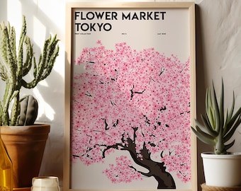 Flower Market Tokyo Wall Art, Pink Floral Market Printable Poster, Abstract Flower Art Print for Living Room Decor, Digital Download