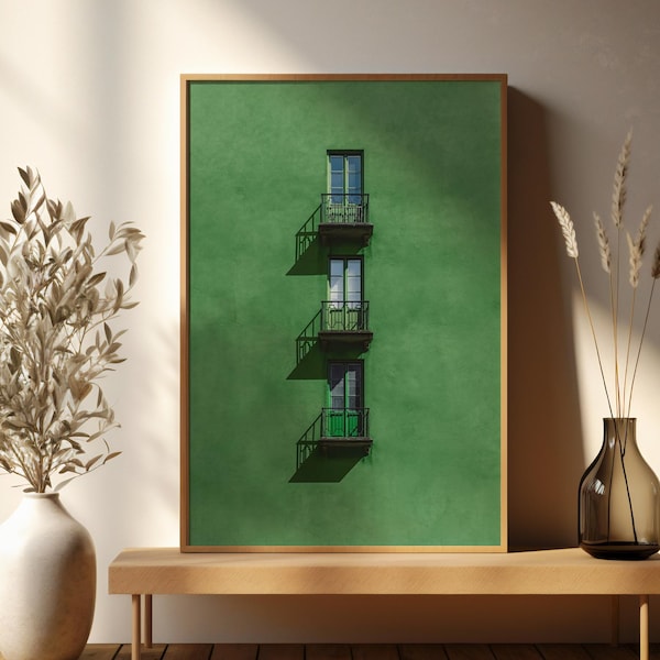Green Art Deco Print: Malmö Balconies, Scandinavian Wall Art (Digital Download)