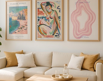 Set of 3 Wall Art, Pink Wall Art Set, Modern Gallery Wall Art Prints, Abstract Figurative & Coastal Poster Set, Minimal Pastel Decor