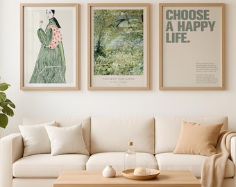 Set of 3 Print, Green Wall Art Set, Gallery Wall Art for Living Room, Minimal Botanical and Typography Posters, Modern Neutral Home Decor
