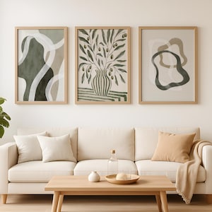 Boho Wall Art Set of 3, Green Gallery Wall Art Prints, Minimal Botanical Abstract Posters, Modern Neutral Home Decor, Olive Green Wall Art