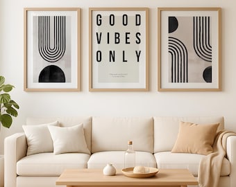 Set of 3 Prints, Modern Minimal Wall Art Set, Abstract Black & Beige Printable Decor, Scandinavian Neutral Home Print Bundle, Digital Art