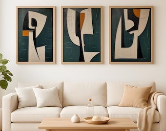 Plaster Wall Art Set of 3, Textured Wall Art, Contemporary Green Abstract Prints, Modern Minimal Gallery Wall Decor, Digital Download