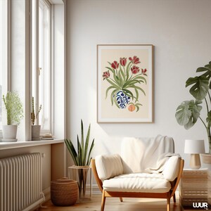 Tulip Wall Art Print, Red Floral Vase Poster, Botanical Printable Wall Art, Vintage Flower Decor, Cottagecore Art Print, Dutch Style Poster, Digital Download