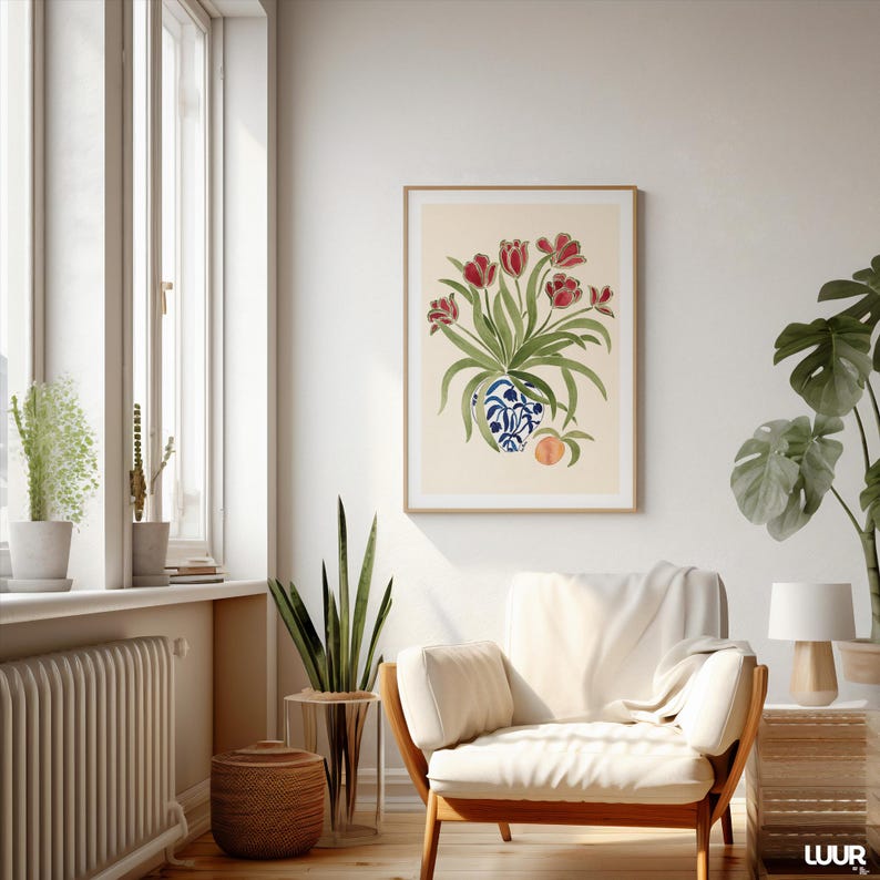 Tulip Wall Art Print, Red Floral Vase Poster, Botanical Printable Wall Art, Vintage Flower Decor, Cottagecore Art Print, Dutch Style Poster, Digital Download