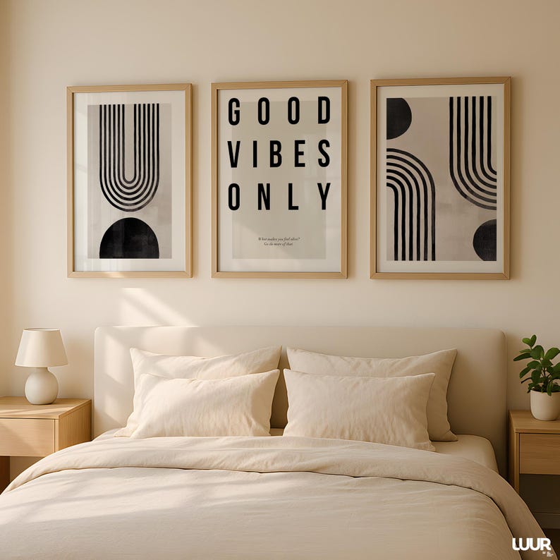 Abstract black line art print featuring curved geometric lines and bold circle shapes on a beige textured background. This modern minimalist design is part of a set of 3 prints ideal for neutral, Scandinavian, Japandi, and contemporary interiors. Perfect for living rooms, dining rooms, bedrooms, and entryways. Printable wall art for instant download, adding a stylish and artistic touch to any modern home decor.