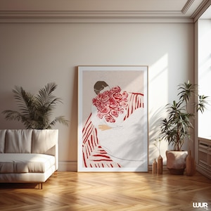 Girly Wall Art, Woman with Flowers Print, Minimalist Red and Pink Illustration, Feminine Modern Digital Poster, Chic Wall Decor for Bedroom