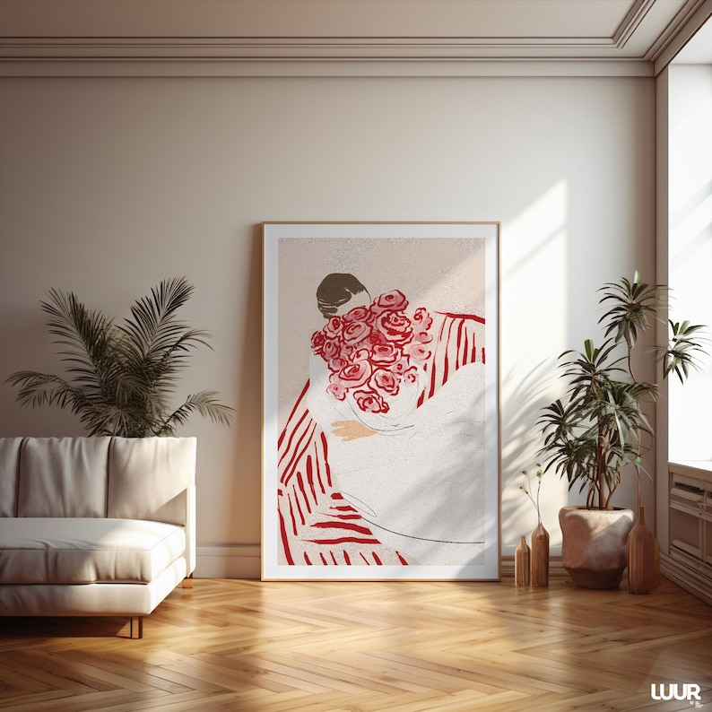 Girly Wall Art, Woman with Flowers Print, Minimalist Red and Pink Illustration, Feminine Modern Digital Poster, Chic Wall Decor for Bedroom