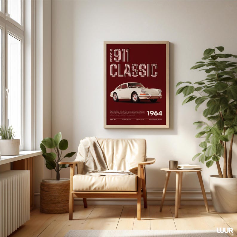 Porsche Wall Art, Classic 911 Print, Retro Car Poster, Vintage Sports Car Artwork, Minimal Red Automotive Decor, Digital Download