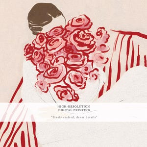 Girly Wall Art, Woman with Flowers Print, Minimalist Red and Pink Illustration, Feminine Modern Digital Poster, Chic Wall Decor for Bedroom