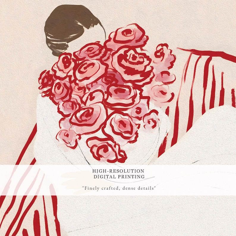 Girly Wall Art, Woman with Flowers Print, Minimalist Red and Pink Illustration, Feminine Modern Digital Poster, Chic Wall Decor for Bedroom