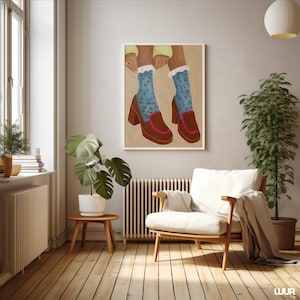 Girly Wall Art, Retro Heels Illustration, Blue Floral Socks Print, Vintage Fashion Poster, Feminine Digital Download, Cute Wall Art Decor