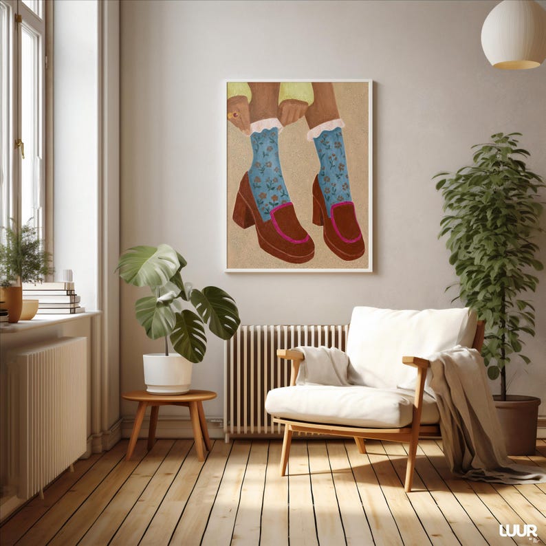 Girly Wall Art, Retro Heels Illustration, Blue Floral Socks Print, Vintage Fashion Poster, Feminine Digital Download, Cute Wall Art Decor